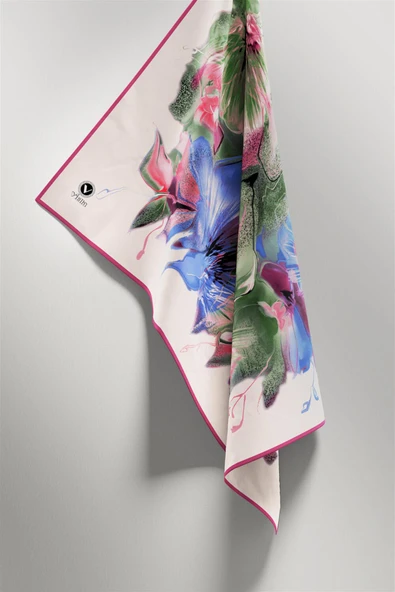 Twill Çiçek Desenli Pembe - Saks Renkli 90x90 Eşarp (İpek İçermez) Kenar Dikiş Şekli El Dikişli - Resim 4