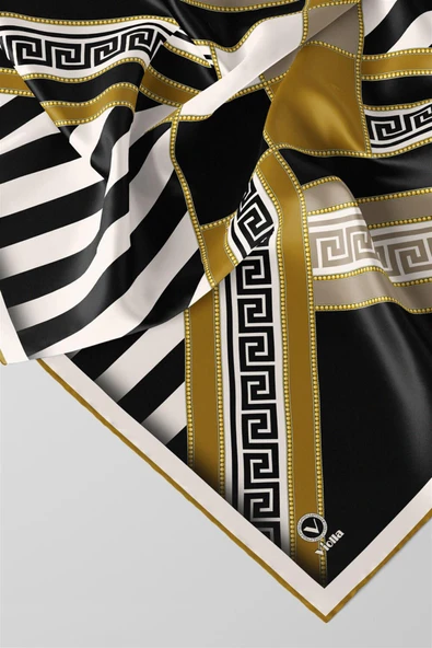 Twill Çizgili Geometrik Desenli Hardal Renkli 90x90 Eşarp (İpek İçermez) Kenar Dikiş Şekli El Dikişli - Resim 3