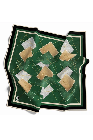 Twill Geometrik Desenli Petrol Yeşili Renkli 90x90 Eşarp (İpek İçermez) Kenar Dikiş Şekli El Dikişli ürün görseli
