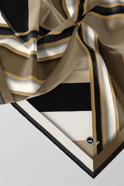 Twill Geometrik Desenli Bej Renkli 90x90 Eşarp (İpek İçermez) Dikim Şekli : El Dikişi - Resim 2