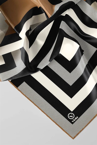 Twill Geometrik Desenli Vizon Renkli 90x90 Eşarp (İpek İçermez) Dikim Şekli : El Dikişi - Resim 4