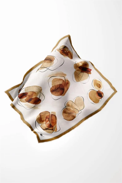 Twill Sulu Boya Geometrik Desenli Hardal Renkli 90x90 Eşarp (İpek İçermez) Kenar Dikiş Şekli El Dikişli - Resim 3