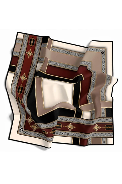 Twill Gold Detaylı ve Antik Motif Desenli Bordo Renkli 90x90 Eşarp (İpek İçermez) Kenar Dikiş Şekli El Dikişli - Resim 2