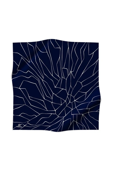 %100 Twill İpek Çizgi Desenli Lacivert - Krem Renkli 90x90 Eşarp Dikim Şekli : El Dikişi - Resim 2