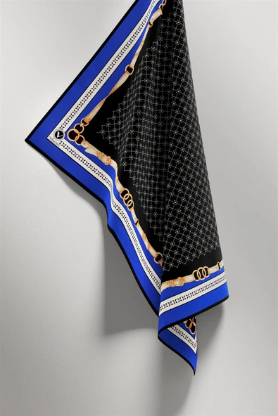 Twill Kemerli ve Çıtır Motifli Desenli Saks Renkli 90x90 Eşarp (İpek İçermez) Dikim Şekli : El Dikişi - Resim 4