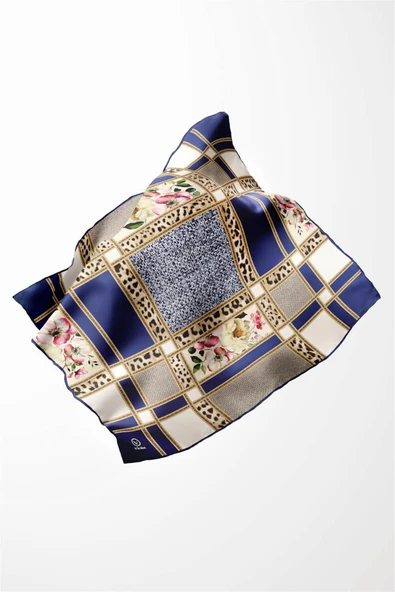 Twill Leopar ve Çiçek Desenli Lacivert - Krem Renkli 90x90 Eşarp (İpek İçermez) Dikim Şekli : El Dikişi ürün görseli