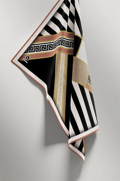 Twill Çizgili Geometrik Desenli Somon Renkli 90x90 Eşarp (İpek İçermez) Kenar Dikiş Şekli El Dikişli - Resim 4