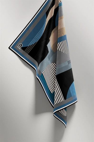 Twill Çizgili Ve Geometrik Desenli  Petrol Mavisi Renkli 90x90 Eşarp (İpek İçermez) Kenar Dikiş Şekli El Dikişli - Resim 4