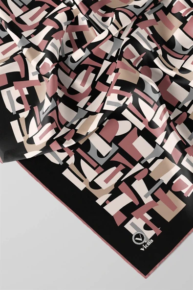 Twill Geometrik Desenli Pudra - Gri Renkli 90x90 Eşarp (İpek İçermez) Dikim Şekli : El Dikişi - Resim 2