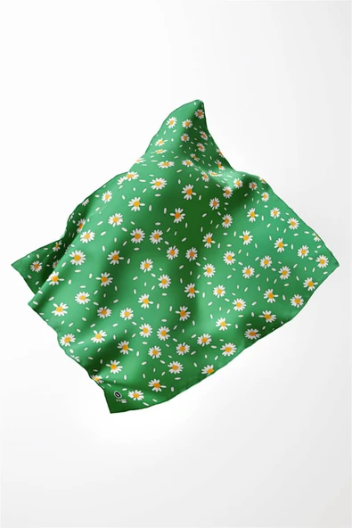 Twill Papatya Desenli Benetton Yeşili Renkli 90x90 Eşarp (İpek İçermez) Kenar Dikiş Şekli El Dikişli - Resim 3