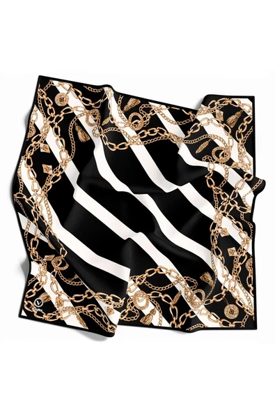 Twill Çizgili Zincir Desenli Siyah Renkli 90x90 Eşarp (İpek İçermez) Kenar Dikiş Şekli El Dikişli - Resim 3