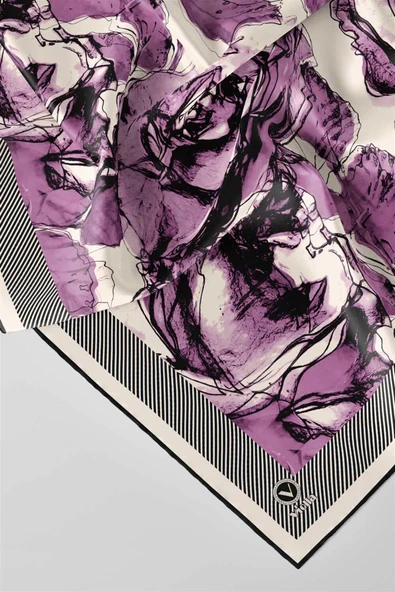 Twill Gül Yaprak Desenli Lila Renkli 90x90 Eşarp (İpek İçermez) Kenar Dikiş Şekli El Dikişli - Resim 3