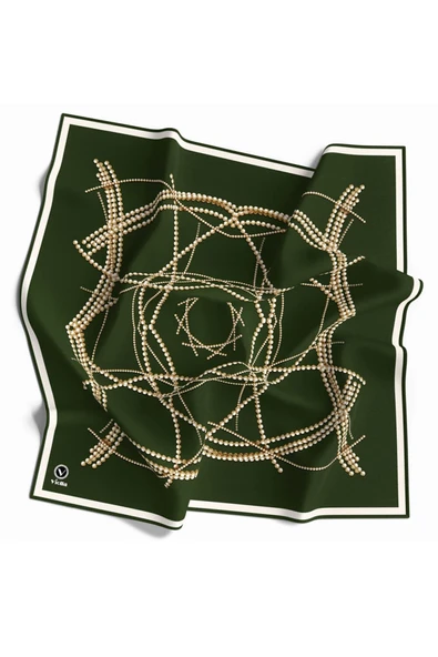 Twill Boncuk Desenli Zümrüt Yeşili Renkli 90x90 Eşarp (İpek İçermez) Kenar Dikiş Şekli El Dikişli ürün görseli