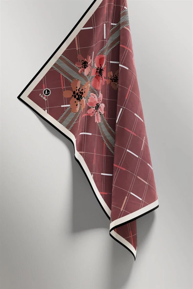 Twill Papatya Desenli Gül Kurusu Renkli 90x90 Eşarp (İpek İçermez) Kenar Dikiş Şekli El Dikişli - Resim 5