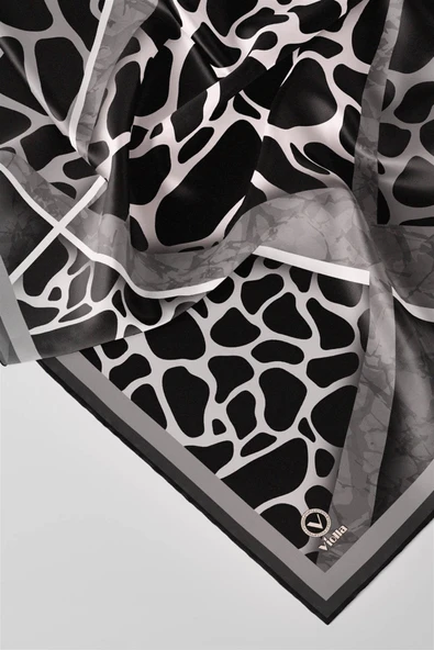 Twill Taş Desenli Gri Renkli 90x90 Eşarp (İpek İçermez)Kenar Dikiş Şekli El Dikişli - Resim 3