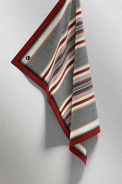 Twill Kazayaklı Şerit Desenli Bordo Renkli 90x90 Eşarp (İpek İçermez) Kenar Dikiş Şekli El Dikişli - Resim 4