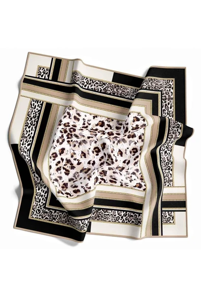 Twill Kemerli ve Leopar Desenli Siyah Renkli 90x90 Eşarp (İpek İçermez) Dikim Şekli : El Dikişi - Resim 2