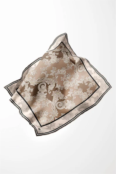 Kristal Şal Desenli Bej Renkli 90x90 Eşarp (İpek İçermez) Kenar Dikiş Şekli El Dikişli - Resim 4