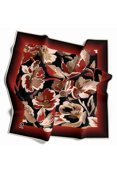 Rayon Büyük Çiçekli Bordo Renkli 90x90 Eşarp (İpek İçermez) Kenar Dikiş Şekli El Dikişli - Resim 2