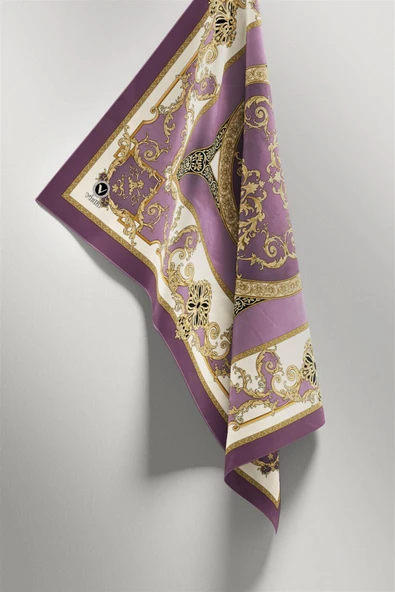 Twill Barok Desenli Lila Renkli 90x90 Eşarp (İpek İçermez) Kenar Dikiş Şekli El Dikişli - Resim 3