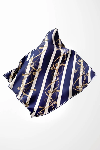 Twill Çizgili Kemer ve Zinci Desenli Krem Renkli 90x90 Eşarp (İpek İçermez) Kenar Dikiş Şekli El Dikişli - Resim 4