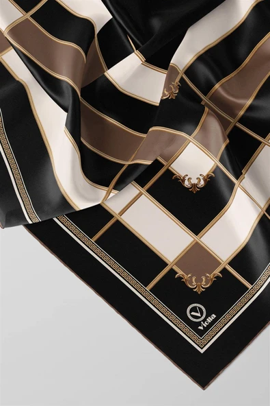 Twill Gold Detaylı Kareli Desenli Vizon Renkli 90x90 Eşarp (İpek İçermez) Kenar Dikiş Şekli El Dikişli - Resim 2