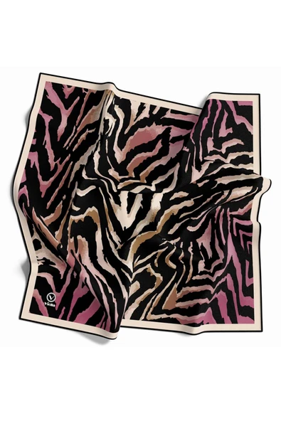 Kristal Zebra Desenli Gül Kurusu - Bej Renkli 90x90 Eşarp (İpek İçermez) Kenar Dikiş Şekli El Dikişli ürün görseli