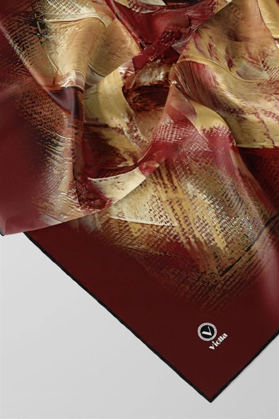 Twill Fırça Efektli Desenli Bordo Renkli 90x90 Eşarp (İpek İçermez) Kenar Dikiş Şekli El Dikişli - Resim 2