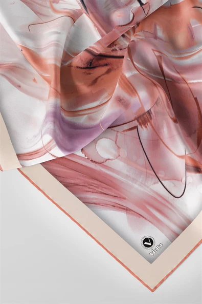 Twill Çiçek Tablo Desenli Somon Renkli 90x90 Eşarp (İpek İçermez) Kenar Dikiş Şekli El Dikişli - Resim 2