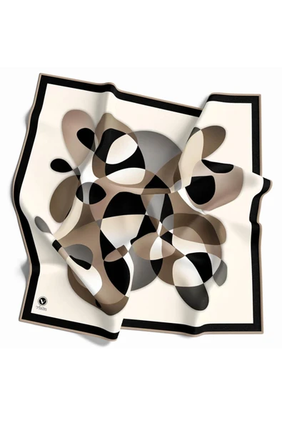 Twill Geometrik Desenli Bej Renkli 90x90 Eşarp (İpek İçermez) Kenar Dikiş Şekli El Dikişli ürün görseli 1