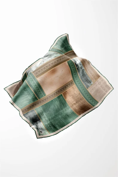 Twill Dokulu Ve Geometrik Desenli Petrol Yeşili Renkli 90x90 Eşarp (İpek İçermez) Dikim Şekli : El Dikişi - Resim 4