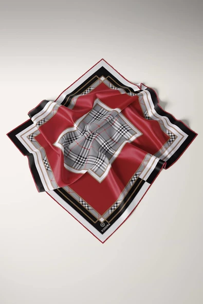 %100 Twill İpek Ekose Desenli Bordo Renkli 90x90 Eşarp Dikim Şekli : El Dikişi - Resim 5