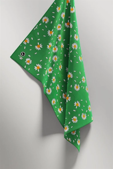 Twill Papatya Desenli Benetton Yeşili Renkli 90x90 Eşarp (İpek İçermez) Kenar Dikiş Şekli El Dikişli - Resim 4