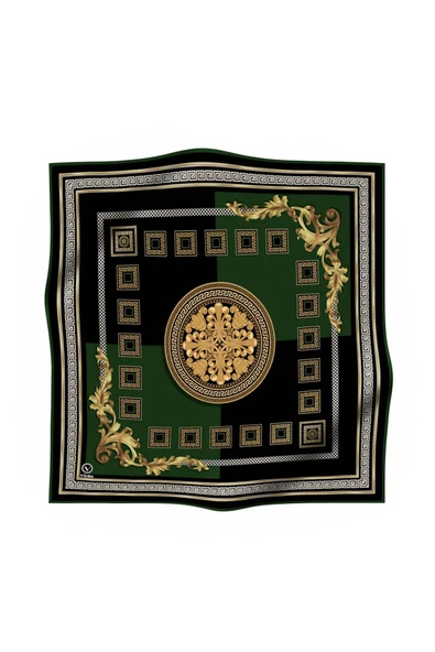 Twill Barok Desenli Zümrüt Yeşili Renkli 90x90 Eşarp (İpek İçermez) Kenar Dikiş Şekli El Dikişli - Resim 5