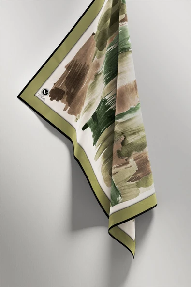 Twill Fırça Darbesi Desenli Haki Renkli 90x90 Eşarp (İpek İçermez) Kenar Dikiş Şekli El Dikişli - Resim 4