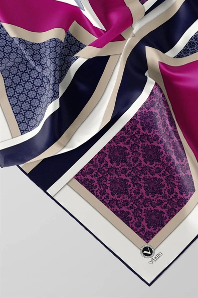 Twill Geometrik Barok Desenli Mürdüm - Lacivert Renkli 90x90 Eşarp (İpek İçermez) Kenar Dikiş Şekli El Dikişli - Resim 3