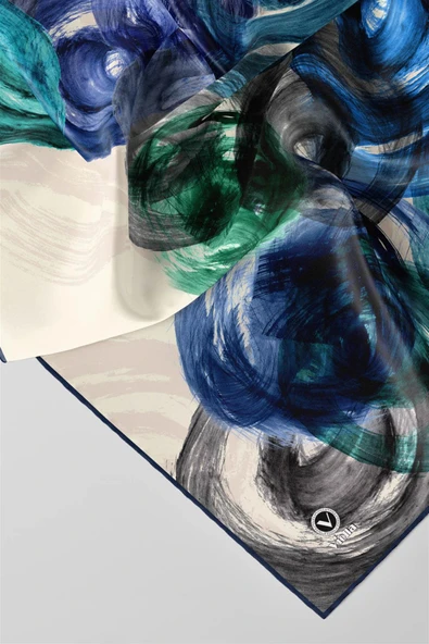 Twill Fırça Efektli Desenli Lacivert Renkli 90x90 Eşarp (İpek İçermez) Kenar Dikiş Şekli El Dikişli - Resim 3