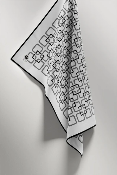 Twill Geometrik Desenli Gümüş Renkli 90x90 Eşarp (İpek İçermez) Kenar Dikiş Şekli El Dikişli - Resim 4