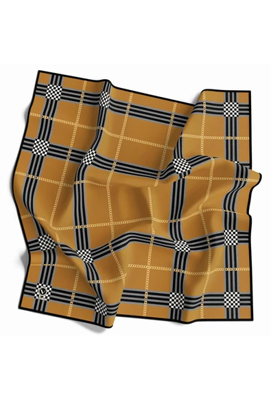 Twill Ekose Desenli Hardal Renkli 90x90 Eşarp (İpek İçermez) Kenar Dikiş Şekli El Dikişli ürün görseli 1