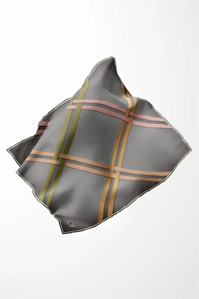 Twill Çizgili Pötikareli Çizgili Desenli Haki Yeşili - Fıstık Yeşili Renkli 90x90 Eşarp (İpek İçermez) - Resim 3