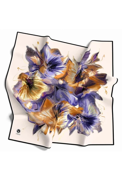 Twill Çiçek Desenli Hardal - Mor Renkli 90x90 Eşarp (İpek İçermez) Kenar Dikiş Şekli El Dikişli ürün görseli