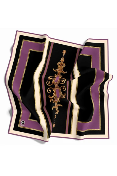 Twill Barok Desenli Lila Renkli 90x90 Eşarp (İpek İçermez) Kenar Dikiş Şekli El Dikişli ürün görseli