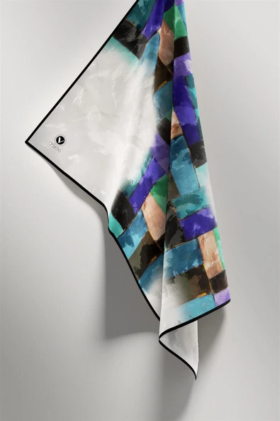 Twill Yağlı Boya Desenli İndigo Renkli 90x90 Eşarp (İpek İçermez) Kenar Dikiş Şekli El Dikişli - Resim 5