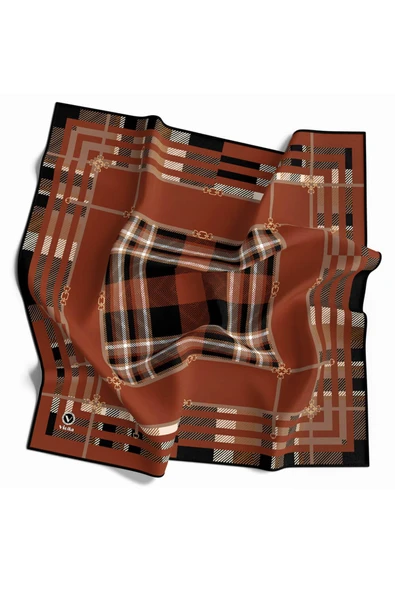 Twill Kemerli ve Ekose Desenli Taba Renkli 90x90 Eşarp (İpek İçermez)Kenar Dikiş Şekli El Dikişli - Resim 2