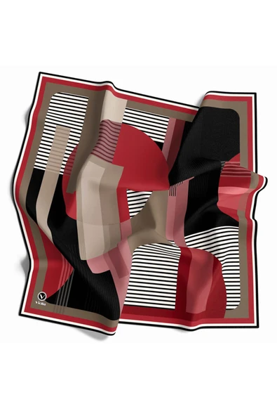 Twill Çizgili Ve Geometrik Desenli Bordo Renkli 90x90 Eşarp (İpek İçermez) Kenar Dikiş Şekli El Dikişli ürün görseli 1