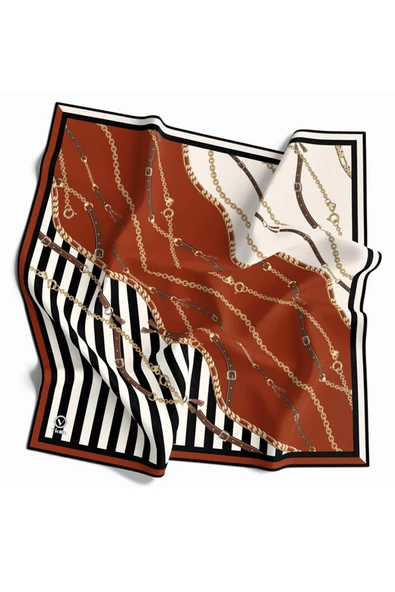 Twill Çizgili Zincir ve Kemer Desenli Taba Renkli 90x90 Eşarp (İpek İçermez) Kenar Dikiş Şekli El Dikişli ürün görseli