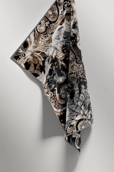 Twill Şal Desenli Gri Renkli 90x90 Eşarp (İpek İçermez) Kenar Dikiş Şekli El Dikişli - Resim 4