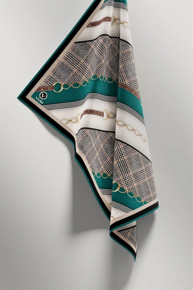 Twill Kemer Desenli Petrol Yeşili Renkli 90x90 Eşarp (İpek İçermez) Kenar Dikiş Şekli El Dikişli - Resim 4