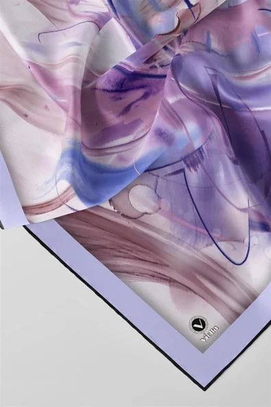 Twill Çiçek Tablo Desenli Lila Renkli 90x90 Eşarp (İpek İçermez) Kenar Dikiş Şekli El Dikişli - Resim 2
