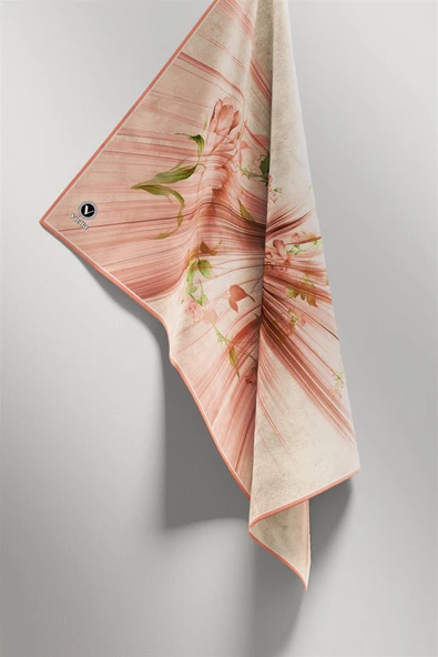 Twill Çiçekli Desenli Somon Renkli 90x90 Eşarp (İpek İçermez) Kenar Dikiş Şekli El Dikişli - Resim 4